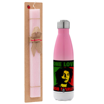 Bob marley, one love, Easter Set, Metallic pink/white (Stainless steel) thermos, double-walled, 500ml & aromatic flat Easter candle (30cm) (PINK)