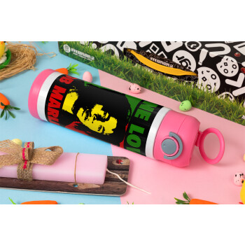 Bob marley, one love, Πασχαλινή Λαμπάδα με Παιδικό παγούρι θερμό, ανοξείδωτο, με καλαμάκι ασφαλείας, ΡΟΖ (500ml)