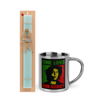 Bob marley, one love, Easter Set, metallic thermal cup (300ml) & aromatic flat Easter candle (30cm) (TURQUOISE)