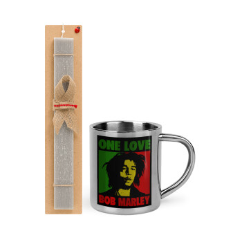 Bob marley, one love, Easter Set, metallic thermal cup (300ml) & Easter aromatic flat candle (30cm) (GRAY)
