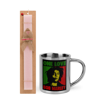 Bob marley, one love, Πασχαλινή Λαμπάδα με μεταλλική κούπα θερμό (300ml) & κερί αρωματικό πλακέ (30cm) (ΡΟΖ)
