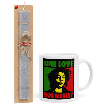 Bob marley, one love, Πασχαλινό Σετ, Κούπα κεραμική (330ml) & πασχαλινή λαμπάδα αρωματική πλακέ (30cm) (ΓΚΡΙ)