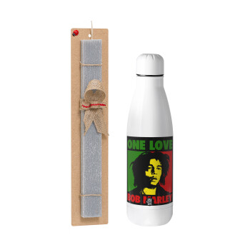 Bob marley, one love, Easter Set, metallic stainless thermos bottle (500ml) & scented flat Easter candle (30cm) (GRAY)