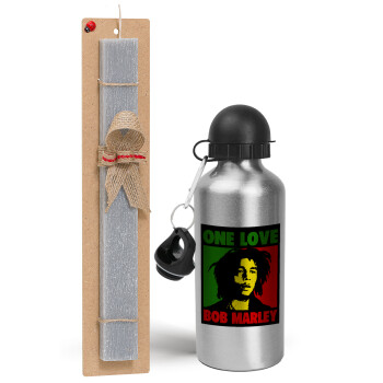 Bob marley, one love, Easter Set, metallic silver aluminum water bottle (500ml) & aromatic flat Easter candle (30cm) (GRAY)