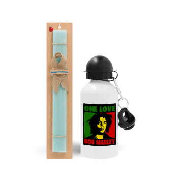 Bob marley, one love, Easter Set, metallic aluminum water bottle (500ml) & scented flat candle (30cm) (TURQUOISE)
