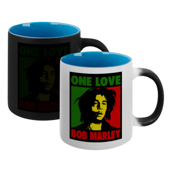 Bob marley, one love, Κούπα Μαγική εσωτερικό μπλε, κεραμική 330ml που αλλάζει χρώμα με το ζεστό ρόφημα
