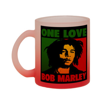 Bob marley, one love, Κούπα γυάλινη δίχρωμη με βάση το κόκκινο ματ, 330ml