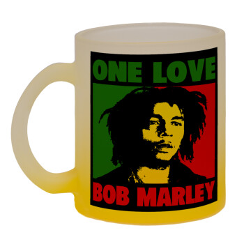 Bob marley, one love, Κούπα γυάλινη δίχρωμη με βάση το κίτρινο ματ, 330ml