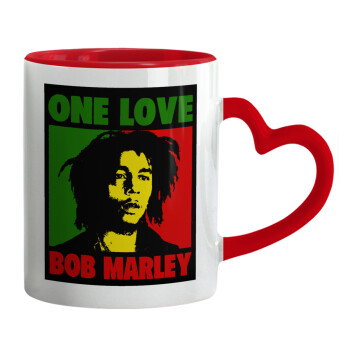 Bob marley, one love, Mug heart red handle, ceramic, 330ml