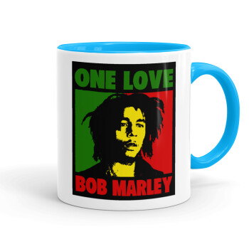 Bob marley, one love, Κούπα χρωματιστή γαλάζια, κεραμική, 330ml