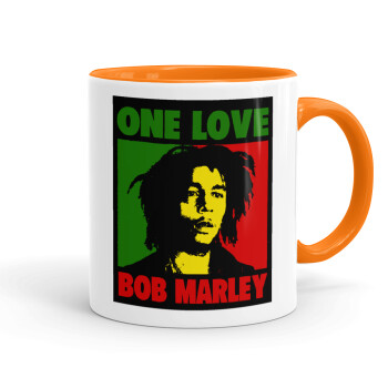 Bob marley, one love, Κούπα χρωματιστή πορτοκαλί, κεραμική, 330ml