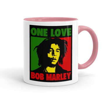 Bob marley, one love, Κούπα χρωματιστή ροζ, κεραμική, 330ml