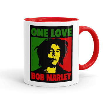 Bob marley, one love, Κούπα χρωματιστή κόκκινη, κεραμική, 330ml