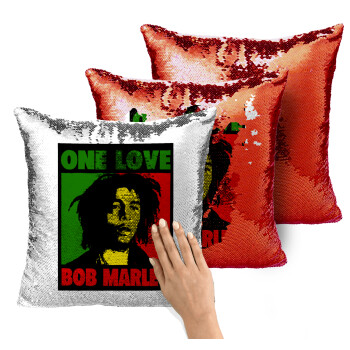 Bob marley, one love, Μαξιλάρι καναπέ Μαγικό Κόκκινο με πούλιες 40x40cm περιέχεται το γέμισμα