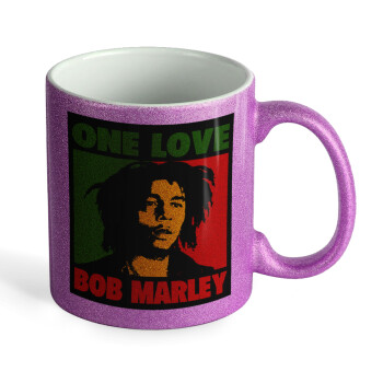 Bob marley, one love, Κούπα Μωβ Glitter που γυαλίζει, κεραμική, 330ml