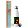 Easter Set, metallic stainless steel water bottle (750ml) & aromatic flat Easter candle (30cm) (TURQUOISE)