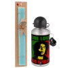 Easter Set, metallic silver aluminum water bottle (500ml) & scented flat Easter candle (30cm) (TURQUOISE)