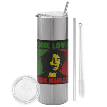 Bob marley, one love, Tumbler stainless steel Silver 600ml, with metal straw & cleaning brush