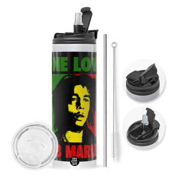 Bob marley, one love, Travel Tumbler 2 Lids, with metal straw & cleaning brush (Stainless steel 304 Food grade, BPA free, 600ml)