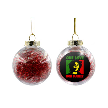 Bob marley, one love, Χριστουγεννιάτικη μπάλα δένδρου διάφανη με κόκκινο γέμισμα 8cm