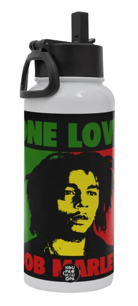 Bob marley — Metal mug thermo White with Straw and Spout Lid (Stainless steel), double wall, 950ml