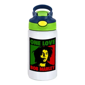 Bob marley, one love, Παιδικό παγούρι θερμό, ανοξείδωτο, με καλαμάκι ασφαλείας, πράσινο/μπλε (350ml)