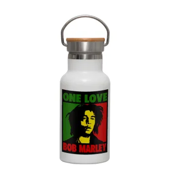Bob marley, one love, Metallic thermos (Stainless steel) White with wooden lid (bamboo), double-walled, 350ml