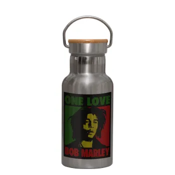 Bob marley, one love, Μεταλλικό παγούρι θερμός (Stainless steel) Ασημένιο με ξύλινο καπακι (bamboo), διπλού τοιχώματος, 350ml