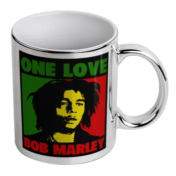Bob marley, one love, Κούπα κεραμική, ασημένια καθρέπτης, 330ml
