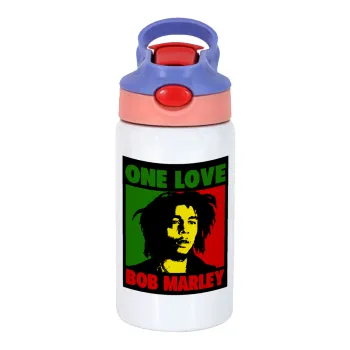 Bob marley, one love, Children's hot water bottle, stainless steel, with safety straw, pink/purple (350ml)