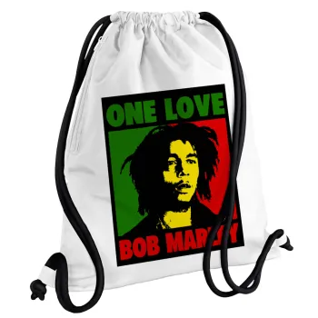 Bob marley, one love, Backpack pouch GYMBAG white, with pocket (40x48cm) & thick cords