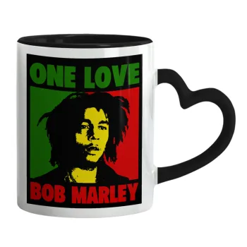 Bob marley, one love, Κούπα καρδιά χερούλι μαύρη, κεραμική, 330ml