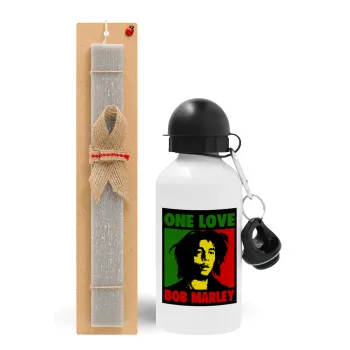 Bob marley, one love, Easter Set, metallic aluminum water bottle (500ml) & aromatic flat Easter candle (30cm) (GRAY)