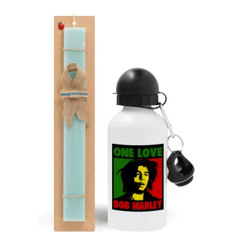 Bob marley, one love, Easter Set, metallic aluminum water bottle (500ml) & scented flat candle (30cm) (TURQUOISE)