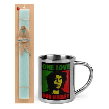 Bob marley, one love, Easter Set, metallic thermal cup (300ml) & aromatic flat Easter candle (30cm) (TURQUOISE)