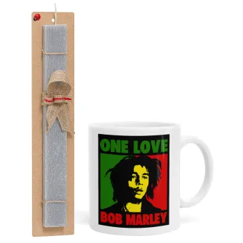 Bob marley, one love, Πασχαλινή Λαμπάδα με Κούπα κεραμική (330ml) & κερί αρωματικό πλακέ (30cm) (ΓΚΡΙ)