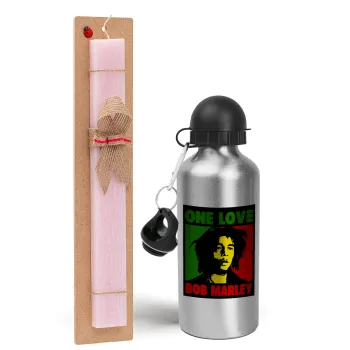 Bob marley, one love, Easter Set, metallic Silver aluminum water bottle (500ml) & scented flat Easter candle (30cm) (PINK)