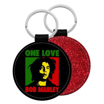 Bob marley, one love, Μπρελόκ Δερματίνη, στρογγυλό ΚΟΚΚΙΝΟ (5cm)