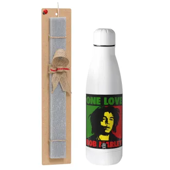 Bob marley, one love, Easter Set, metallic stainless thermos bottle (500ml) & scented flat Easter candle (30cm) (GRAY)