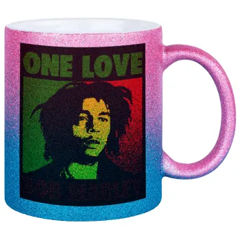 Bob marley, one love, Κούπα Χρυσή/Μπλε Glitter, κεραμική, 330ml