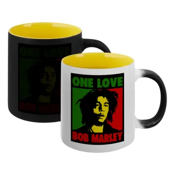 Bob marley, one love, Κούπα Μαγική εσωτερικό κίτρινη, κεραμική 330ml που αλλάζει χρώμα με το ζεστό ρόφημα