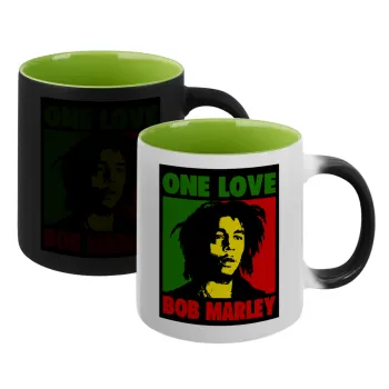 Bob marley, one love, Κούπα Μαγική εσωτερικό πράσινο, κεραμική 330ml που αλλάζει χρώμα με το ζεστό ρόφημα