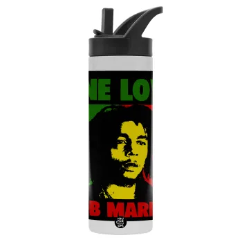 Bob marley, one love, Metallic thermos bottle with straw & handle, stainless steel (Stainless steel 304), double-walled, 600ml.