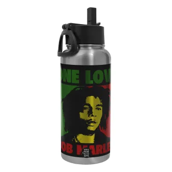 Bob marley, one love, Metal mug thermo Silver with Straw and Spout Lid (Stainless steel), double wall, 950ml