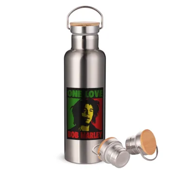 Bob marley, one love, Stainless steel Silver with wooden lid (bamboo), double wall, 750ml