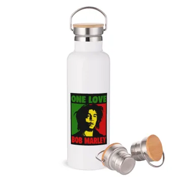 Bob marley, one love, Μεταλλικό παγούρι θερμός (Stainless steel) Λευκό με ξύλινο καπάκι (bamboo), διπλού τοιχώματος, 750ml