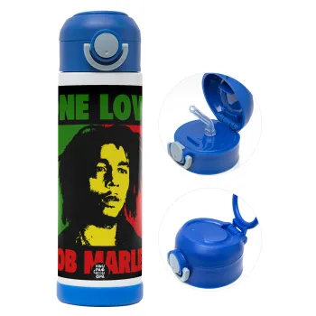 Bob marley, one love, Παιδικό παγούρι θερμό, ανοξείδωτο, με καλαμάκι ασφαλείας, ΜΠΛΕ (500ml)