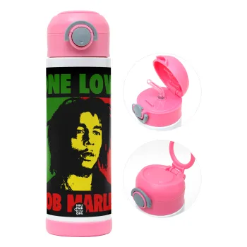 Bob marley, one love, Children's hot water bottle, stainless steel, with safety straw, PINK (500ml)