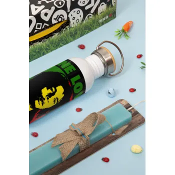 Bob marley, one love, Πασχαλινή Λαμπάδα με παγούρι μεταλλικό (620ml, stainless steel) & κερί αρωματικό πλακέ (30cm) (ΤΙΡΚΟΥΑΖ)