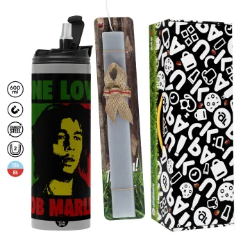 Bob marley, one love, Easter candle with Grey Tumbler Thermo 600ml & aromatic flat candle (30cm) (GREY)